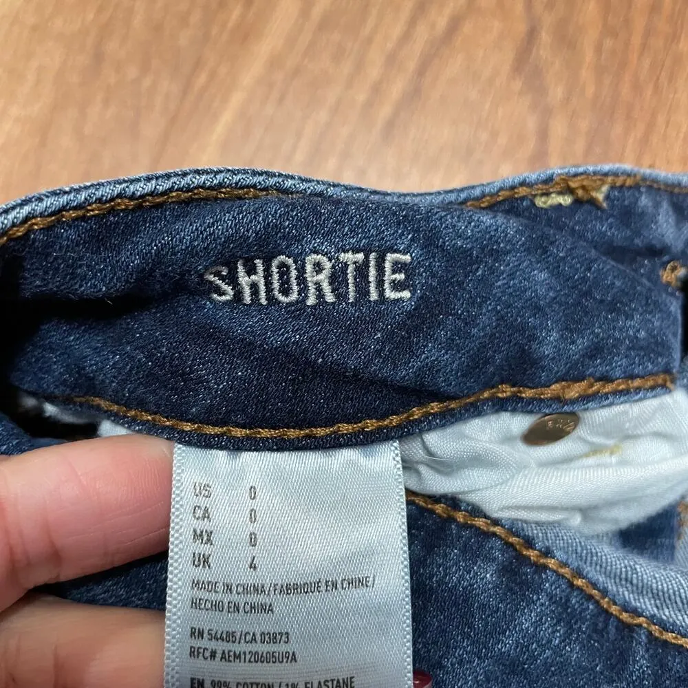 American Eagle Women Shortie Blue Jean Shorts Medium Wash Raw Hem Cuff Size 0 XS - Image 5