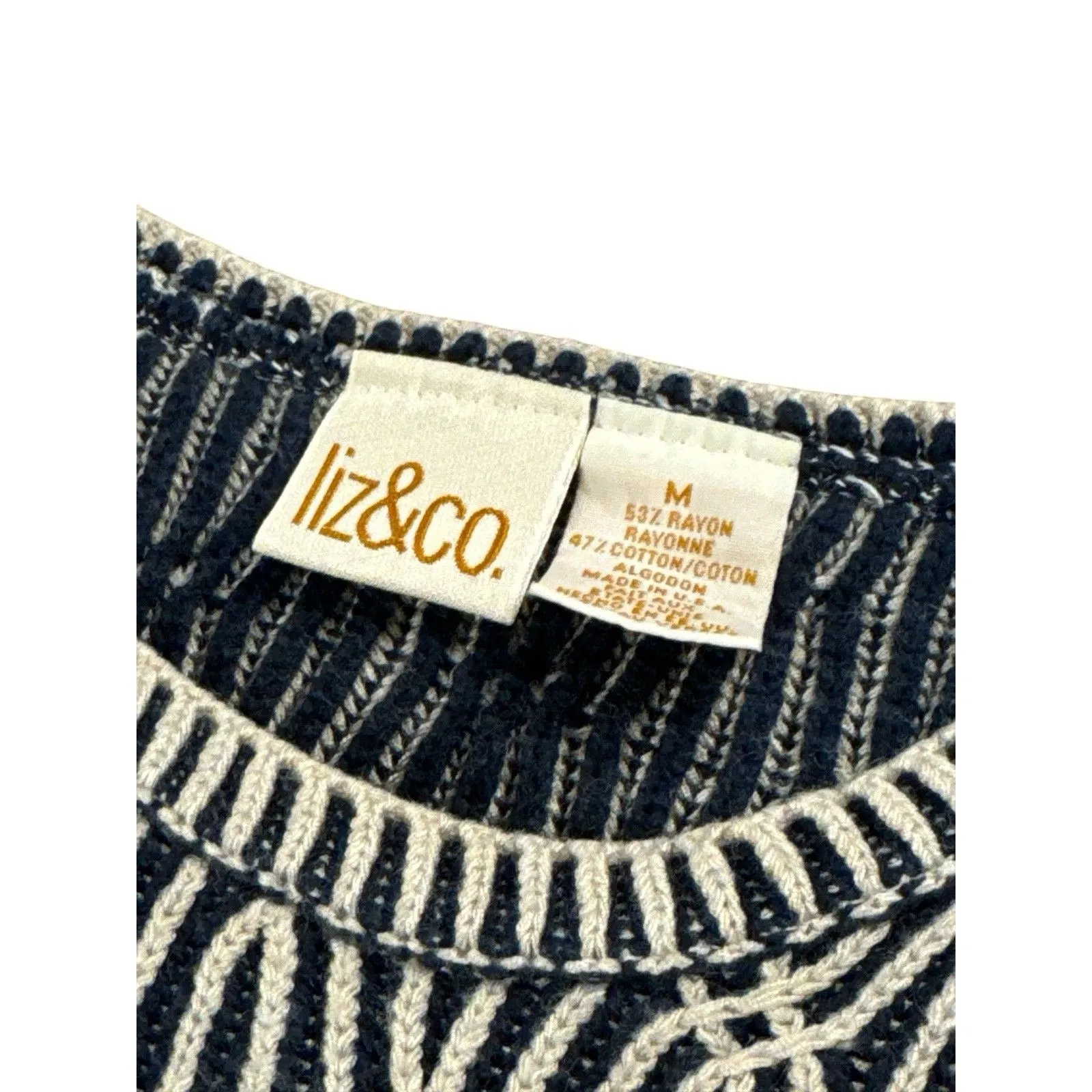 Liz & Co. Navy White Brioche Nautical Crewneck Tunic Sweater Medium Long Sleeves - Image 3