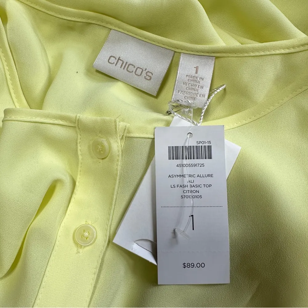 NWT Chico’s Women’s Assymetric Allure Longsleeve Top Sheer in Citron Size 1/US M - Image 5