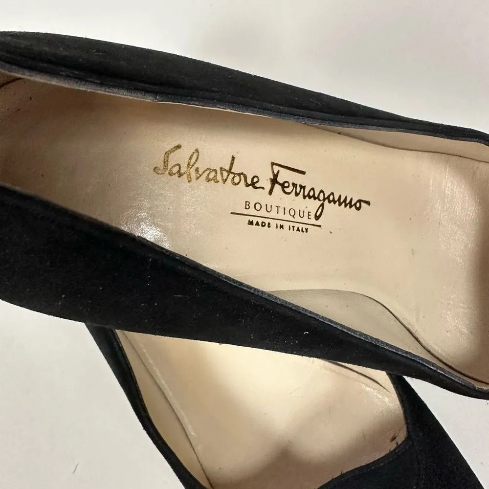 Salvatore Ferragamo 80s Pumps Heels Black Suede Tortoise Buckle Accent 7 1/2 B - Image 3