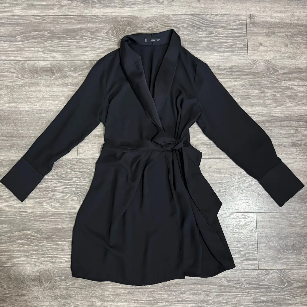Mango‎ Women Black Long Sleeve Lapel Collar Wrap Casual Short Dress Size 8 - Image 9