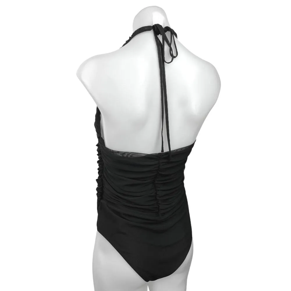 H&M Black Ruched Halter Tie Open Back Padded Sleeveless Bodysuit Top Size M - Image 2