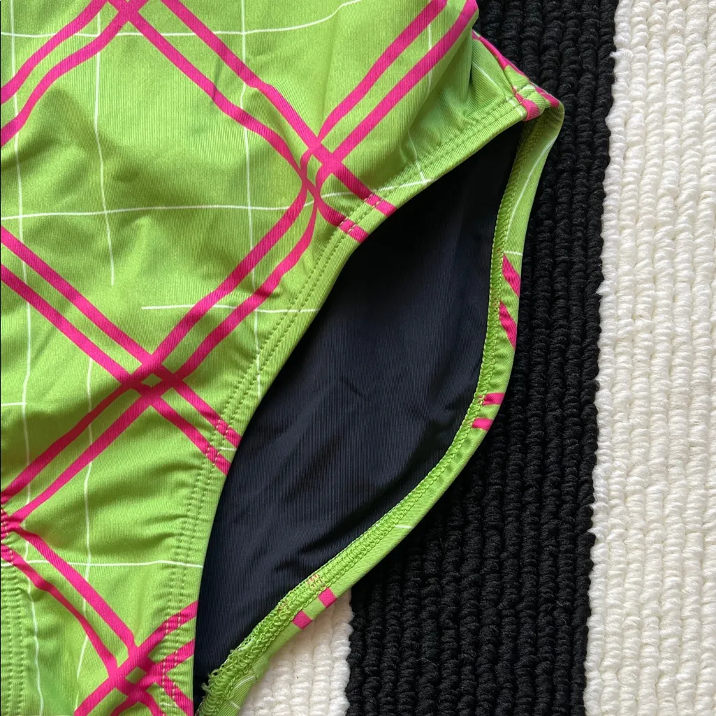 Women’s One piece Swimsuit in Green and Pink Plaid - Image 3