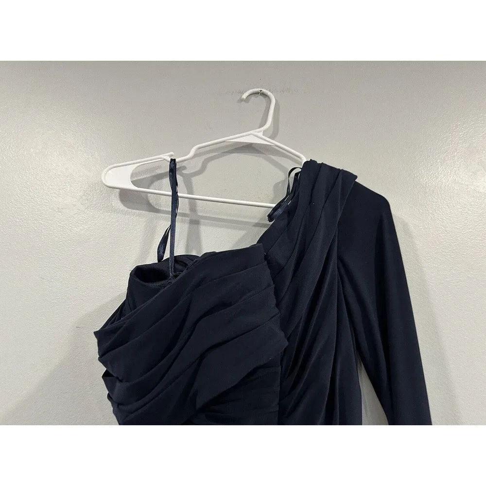 Ieena Mac Duggal 12231A One Shoulder Long Sleeve Jersey Gown SZ 2 Midnight - Image 5