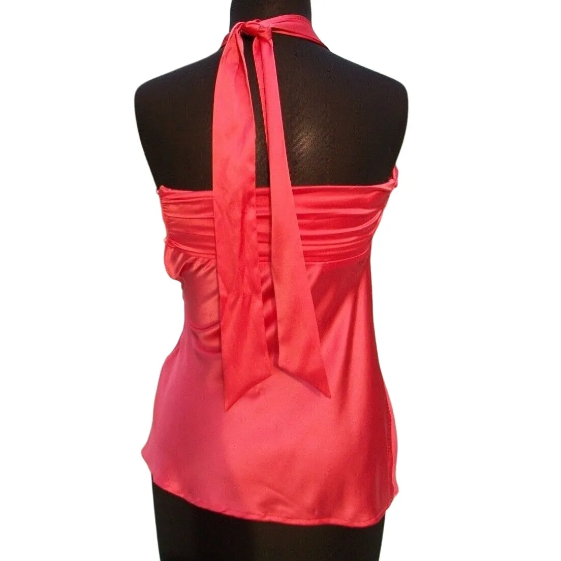 Cache Coral Silk Ruched Lace Up Halter Top New Built In Bra Stretch NWT $98 - Image 4