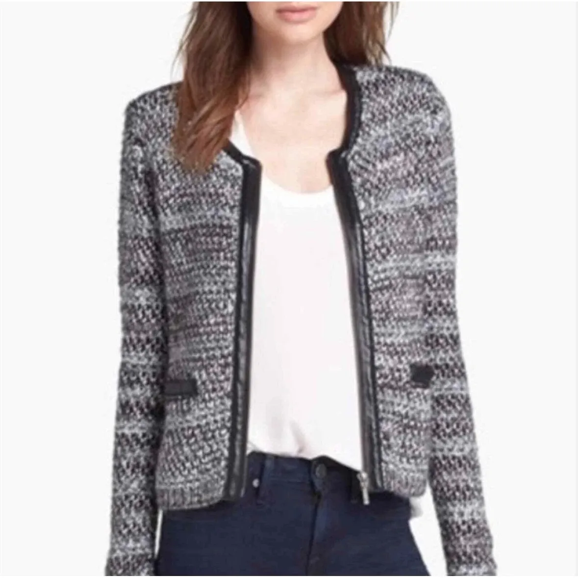 Joie Jacolyn Leather Trim Knit Cardigan Jacket Womens Medium Black Career Luxury - Image 2