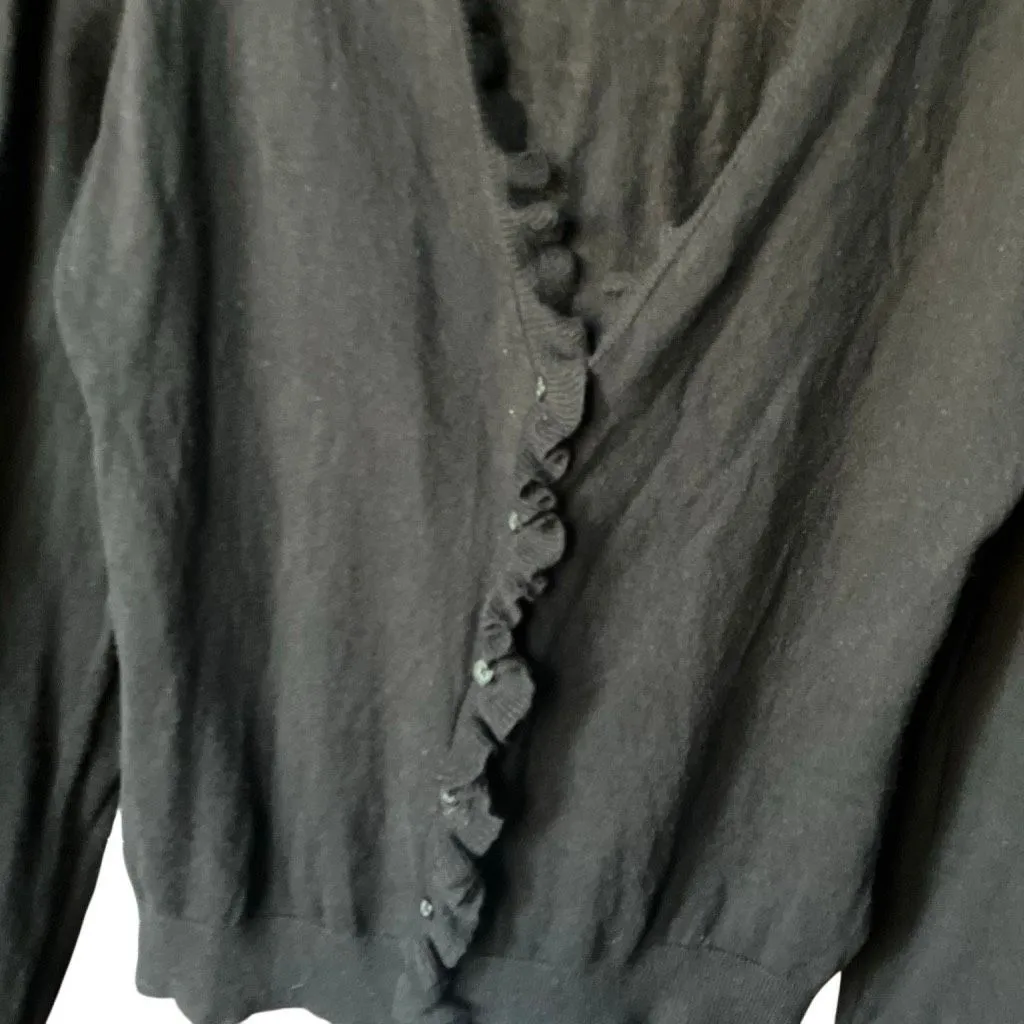 Lauren LRL Black Ruffle V-Neck Cardigan Cashmere Wool Blend Med #763 - Image 3