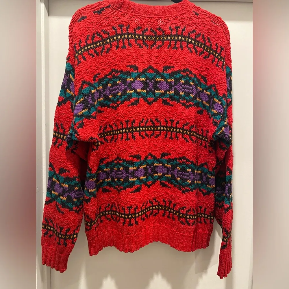 VTG 90s  Red Tribal Print Knitted Crew Neck Long Sleeve Sweater - M - Image 14
