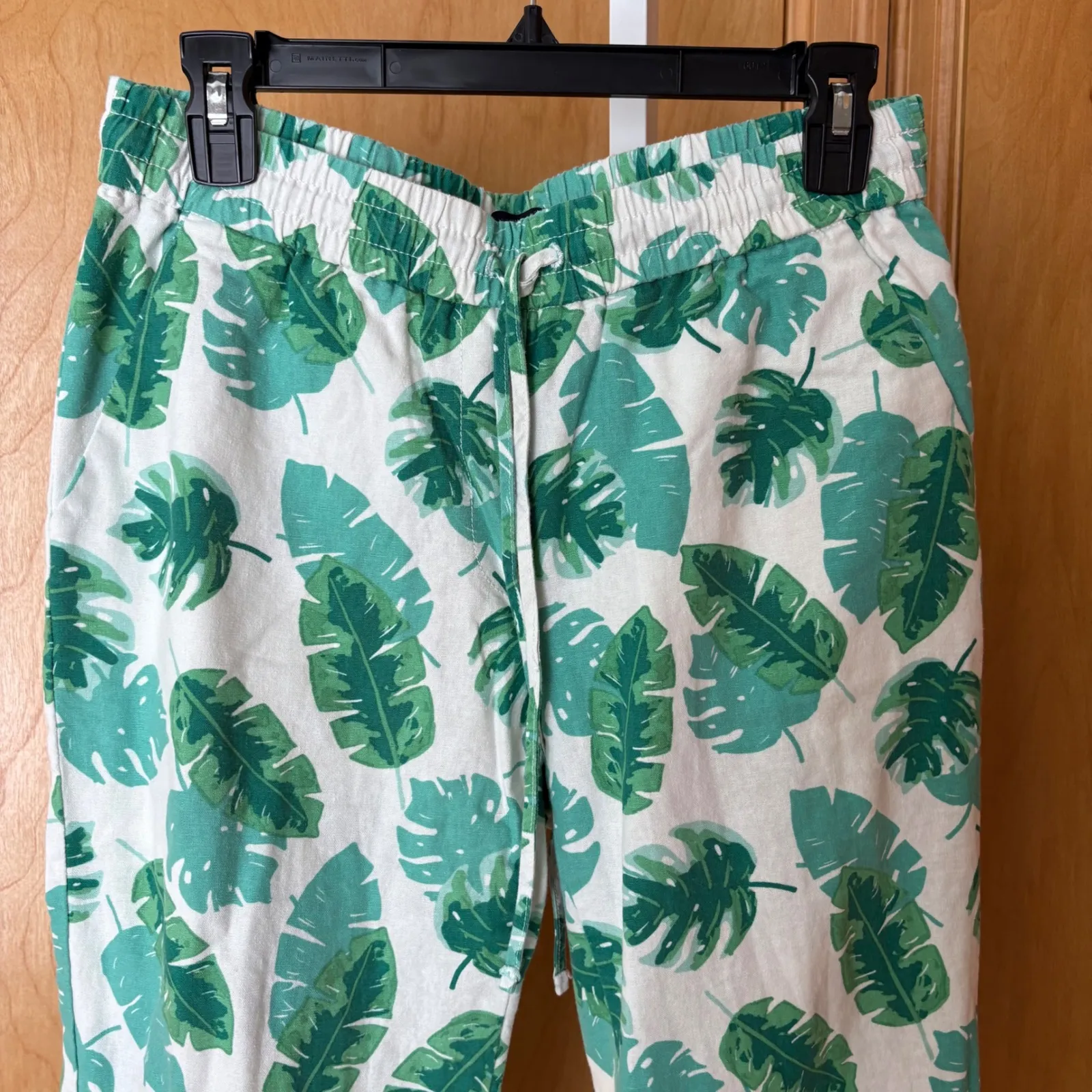 J Crew Women's Size 6 Green White Leaf Print Linen Blend Elastic Waist Pants - Image 2