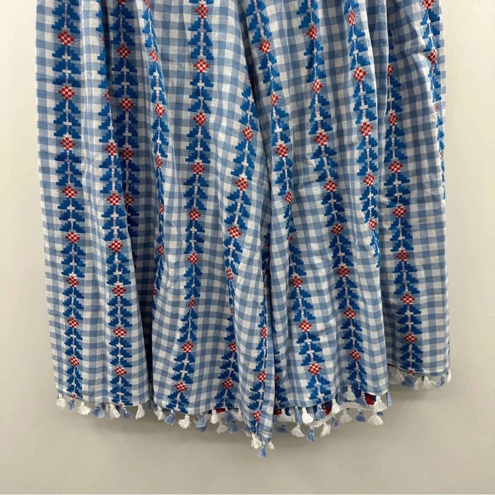 DoDo Bar‎ Or Fernanda Wide Leg Gingham Embroidered Tassel High Rise Pants Sz L Blue Size L - Image 3