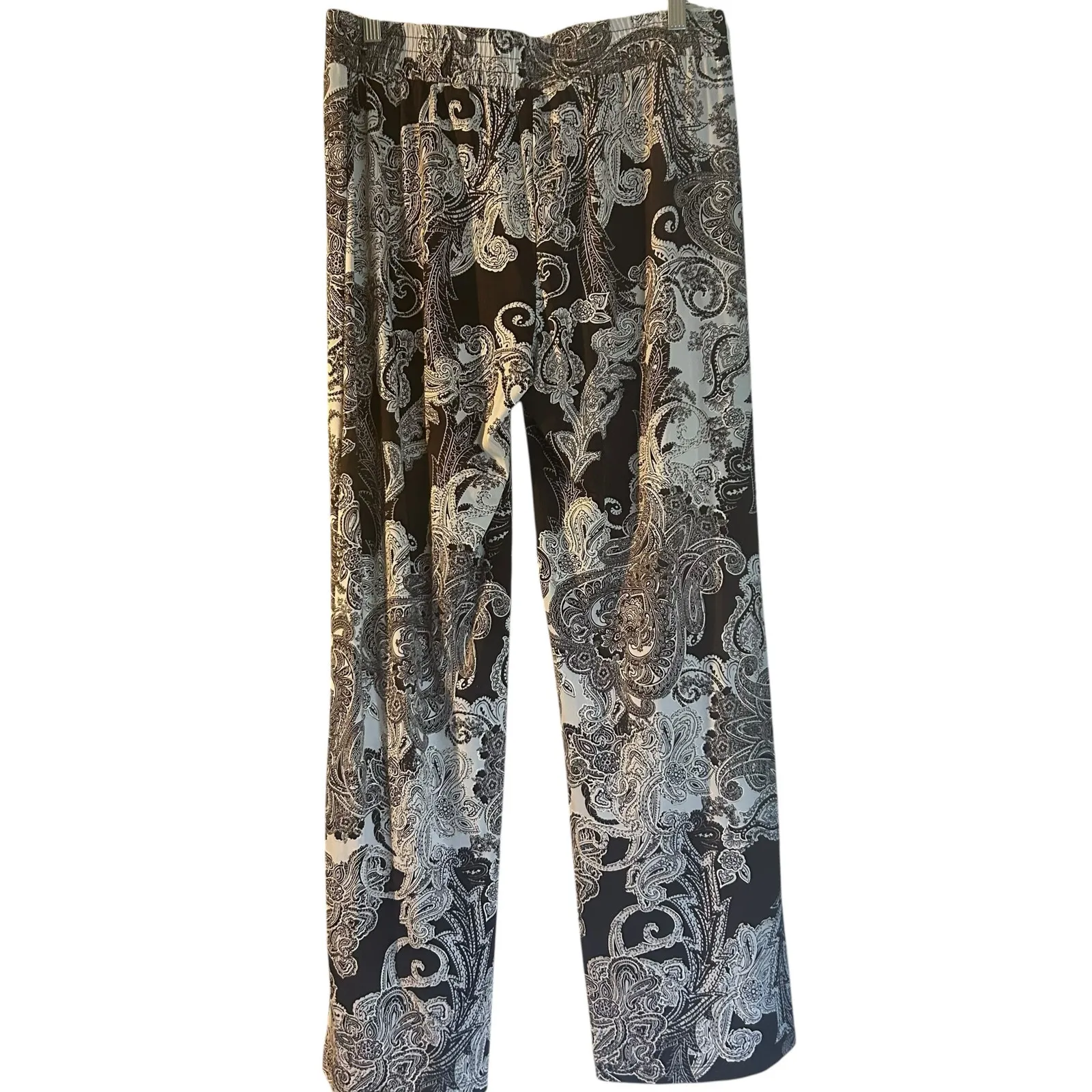 IMAN Easywear Pants SZ LG Brown Gold Trim Paisley Slinky Wide Leg Elastic Waist - Image 4