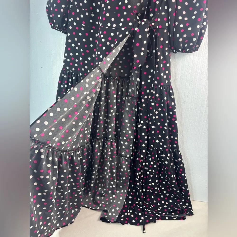 Kate Spade L Drop Waist Wrap Black and Pink Polka Dot Dress - Image 10