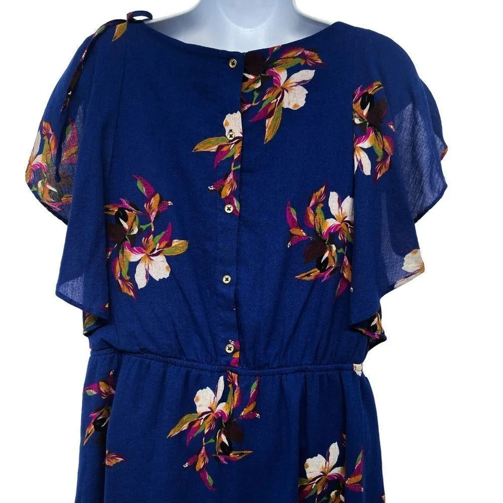 A New Day Floral Button Back Shoulder Tie Knee Length Ruffle Dress Blue - Image 4