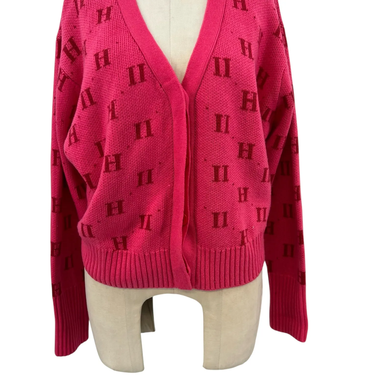 11 Honore Angie Cardigan Sweater 11h Monogram Print‎ Pink Plus Size 1 14-16 - Image 5