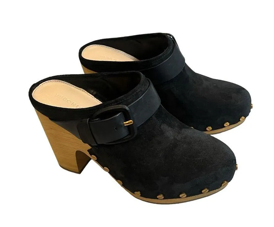 NWOT, Veronica Beard Dacey Black Suede Wooden Platform Clog, Gold Studs, Sz 6.5 - Image 4