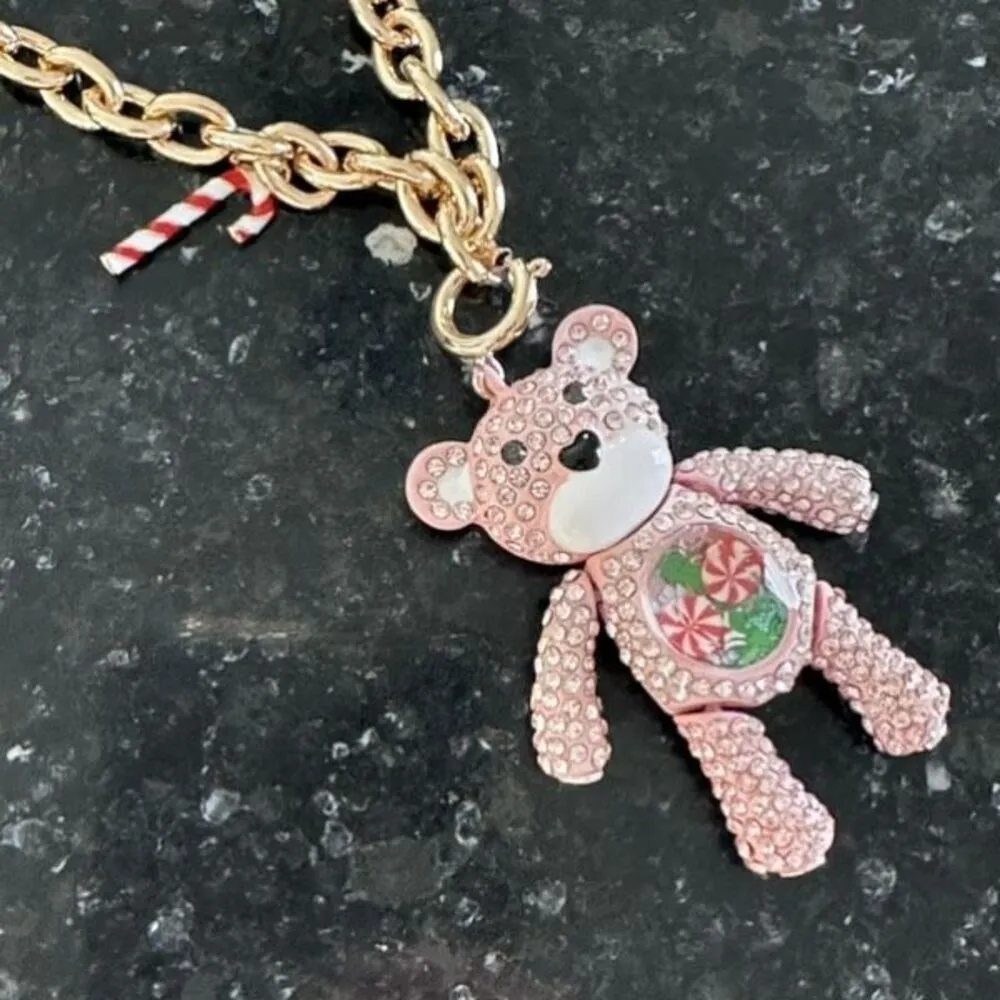 NWT Betsey Johnson Rhinestone Pink Pave Moveable Bear Holiday Necklace Candycane - Image 9