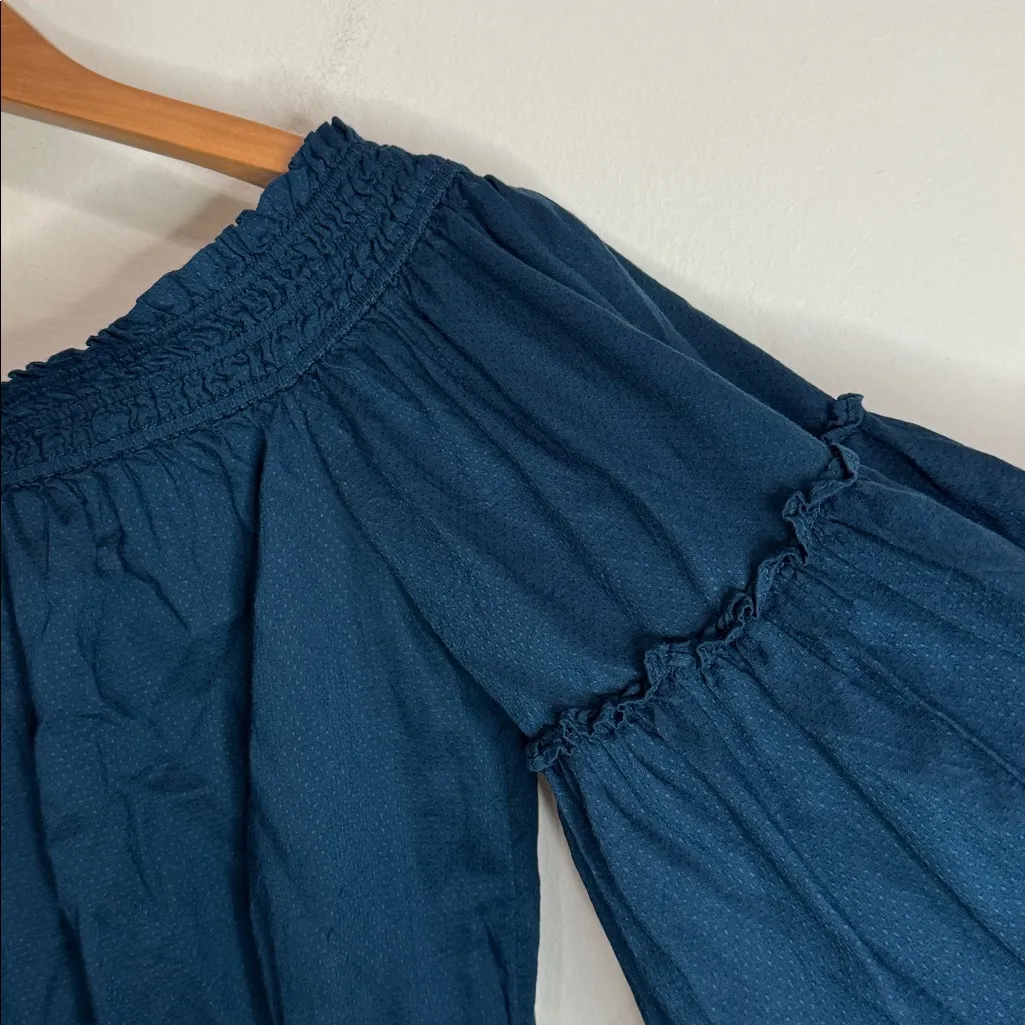 Free People Free Spirit Midnight Blue Textured Ruffled Bell Sleeve Blouse size S - Image 5