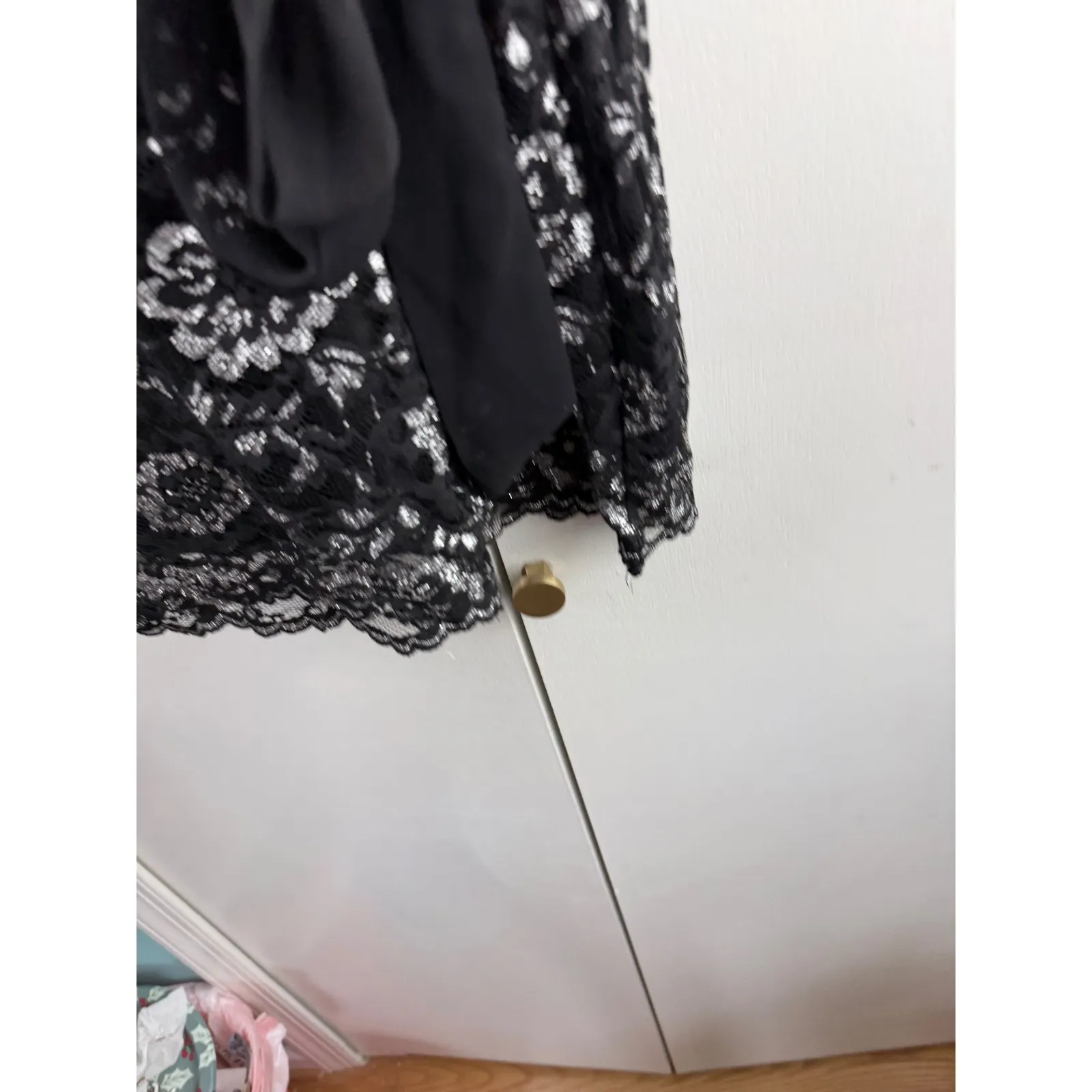 Candies Black Lace Overlay Dress with Sheer Cap Sleeves and Tie Waist Size S - Image 2