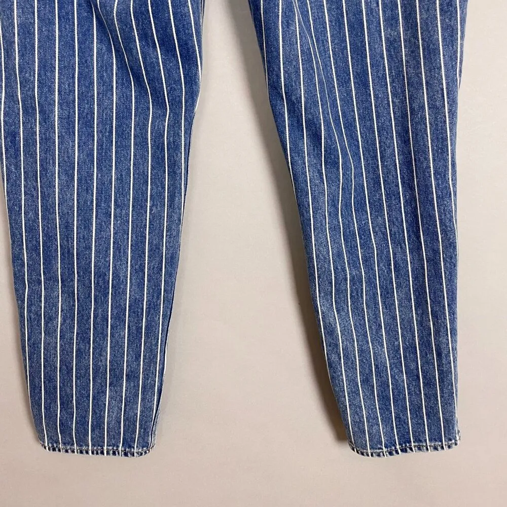 American Eagle Mom Jeans Striped Women Size 6 Tapered Ankle Leg Blue White Denim - Image 11