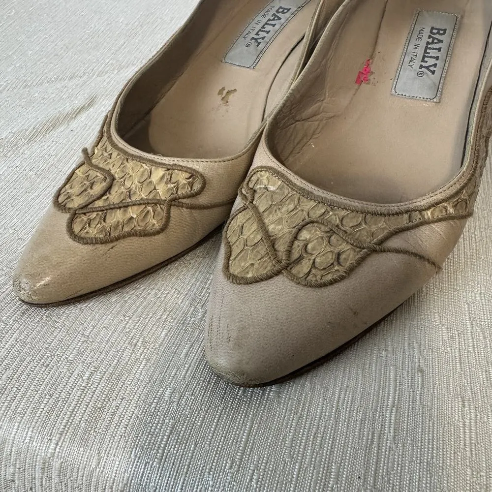 Bally Vintage Pumps Cream Leather Womens Shoes Size 7.5N Italy Snakeskin Blush - Image 2