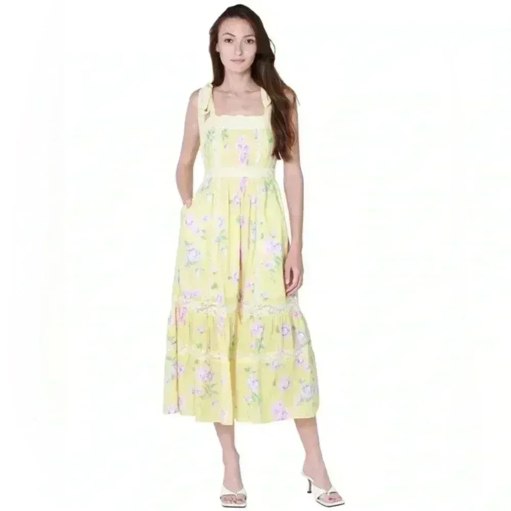 NWT LOVESHACKFANCY Ayala Floral Tiered Midi Dress Bright Azalea Yellow 2 - Image 3