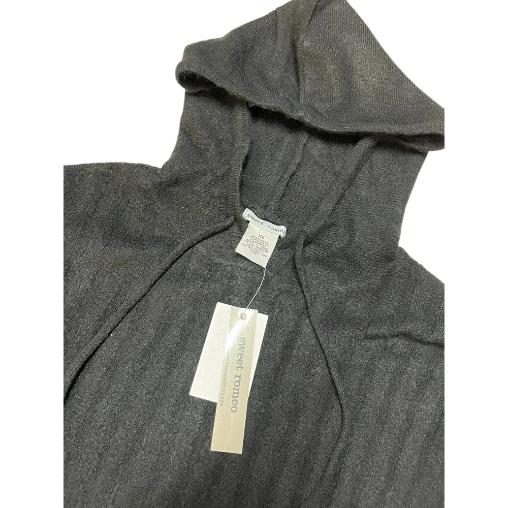 New Sweet Romeo Sweater Womens XS Ribbed Drawstring Hoodie Split High Low Black - Image 6