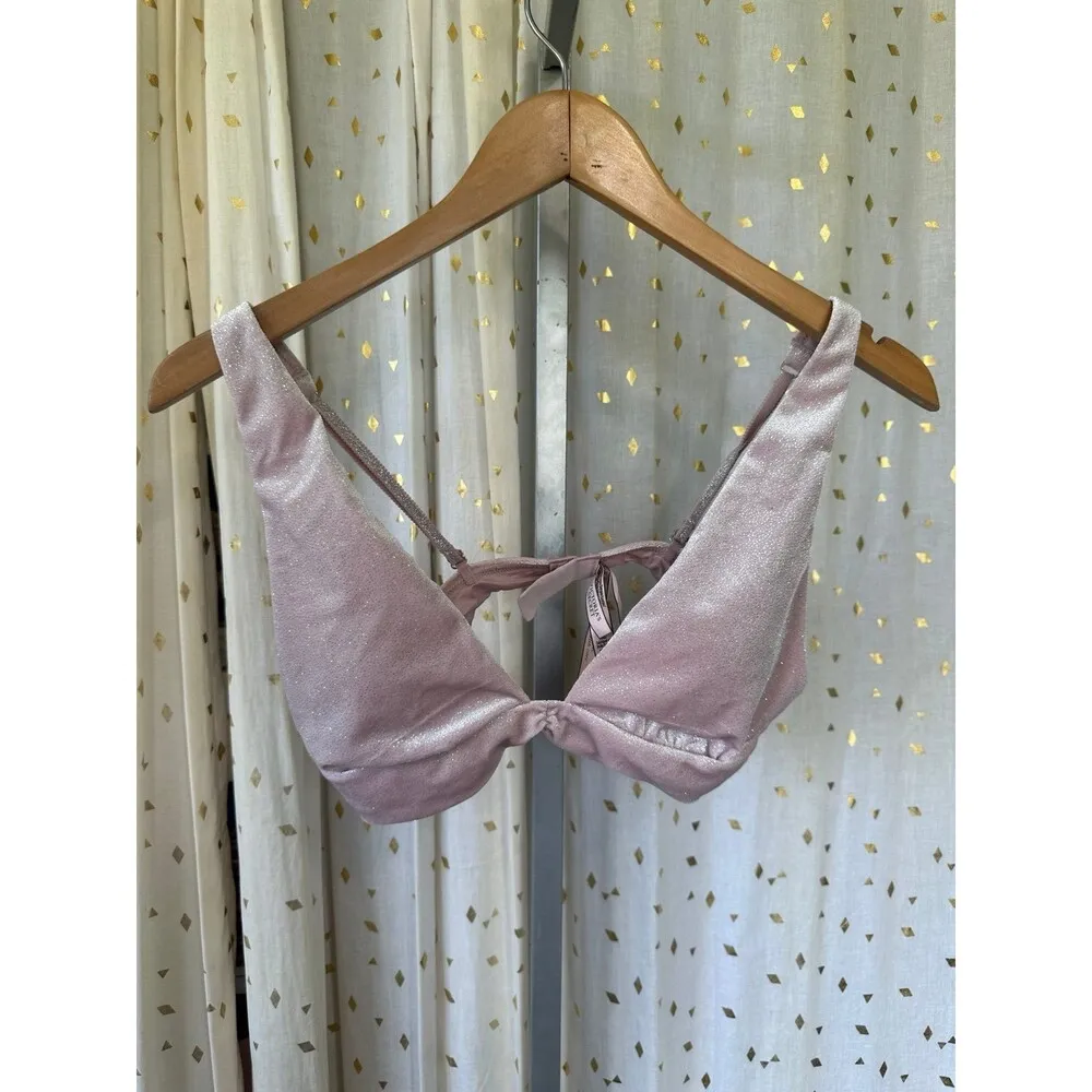 Victoria's Secret NWT Sparkle Pink Velvet Plunge Padded Wireless Bralette Bra M - Image 4