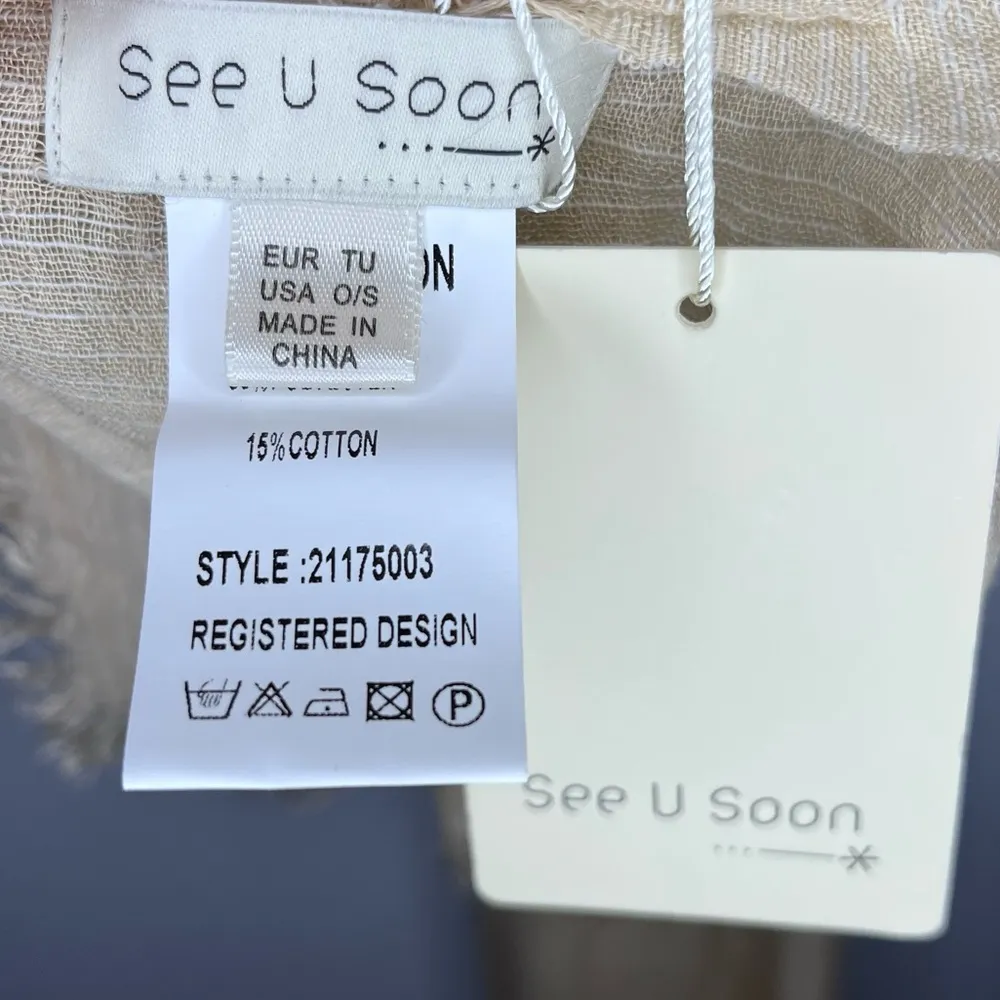 // SEE U SOON Cream Pinstripe Fringe Scarf NWT 21175003 - Image 10