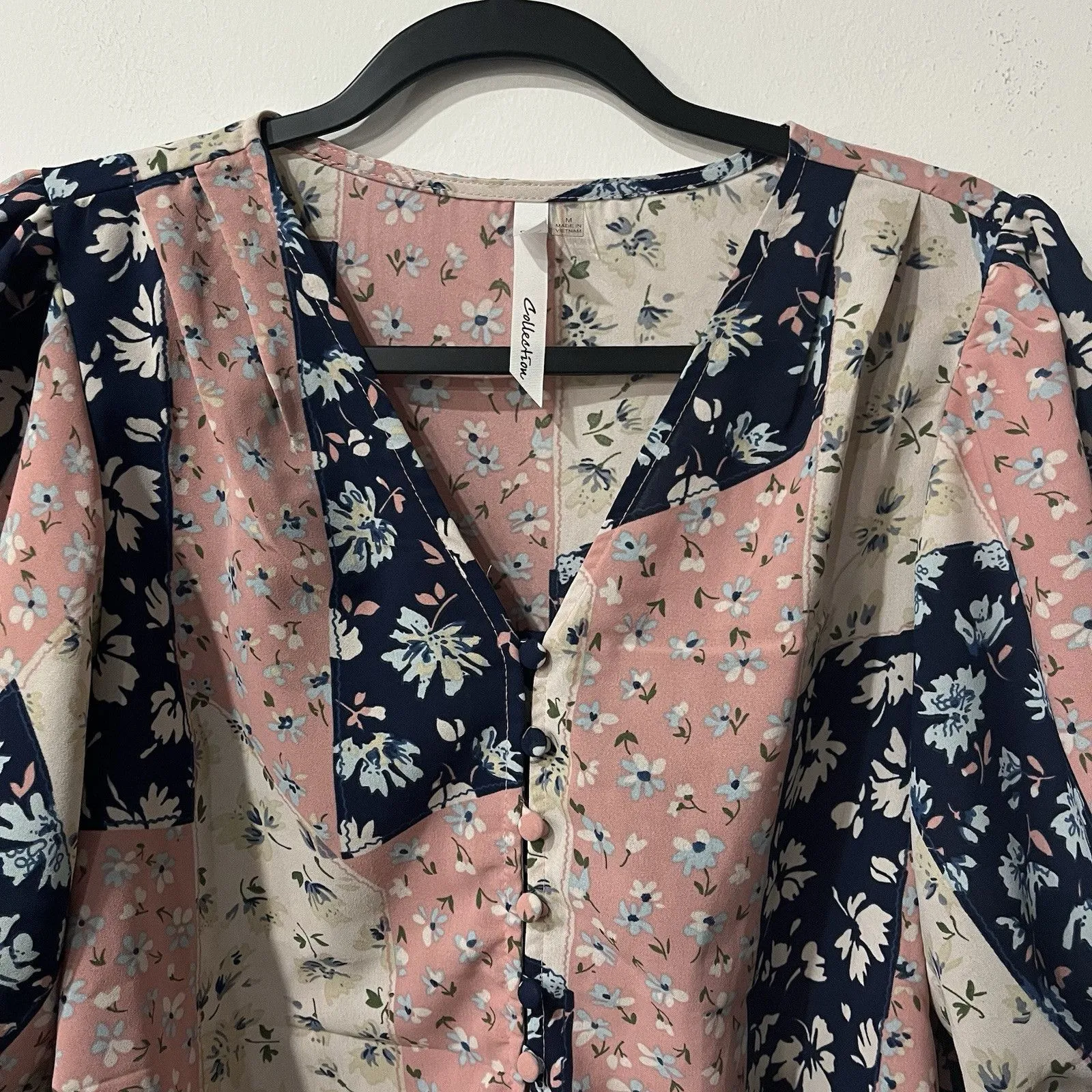 Puff Sleeve Button Up Floral Patchwork Blouse Cottage Size Medium - Image 2