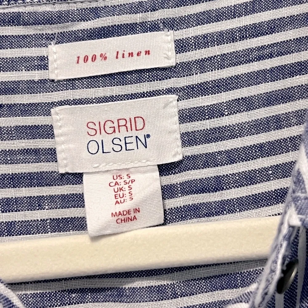 Sigrid Olsen Linen Stripe Long Sleeve Button Down Navy Blue White Roll Tab Small - Image 2