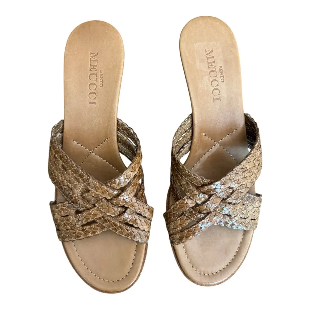 Sesto Meucci Brown Woven Strap Wedge Sandals Tan Size 8 - Image 2