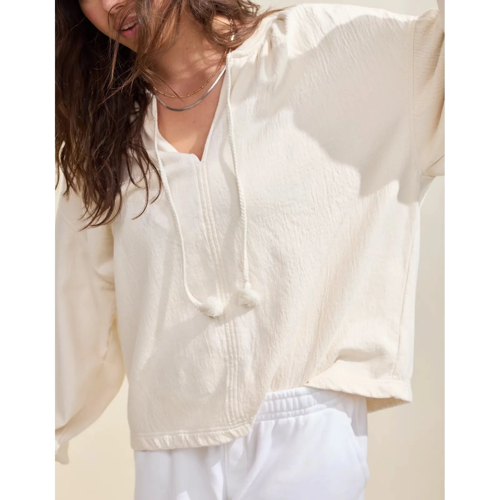 NWT Aerie Easy Street Sweatshirt Sz XXS Cream Textured Top Long Sleeve Pullover - Image 4