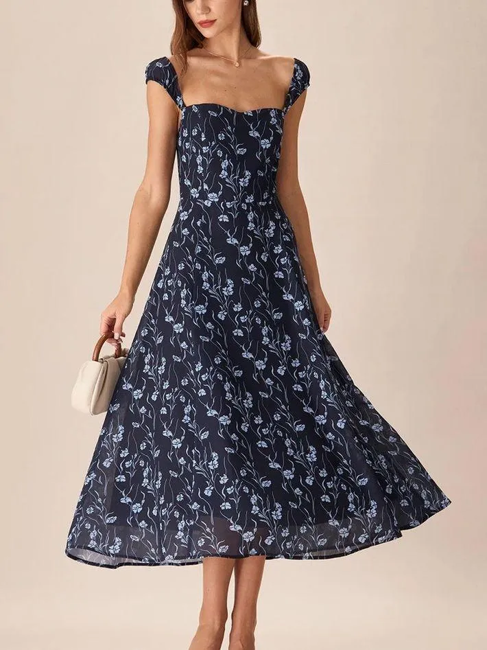 Rihoas Navy Floral Sweetheart Neck Midi Dress Blue - Image 3