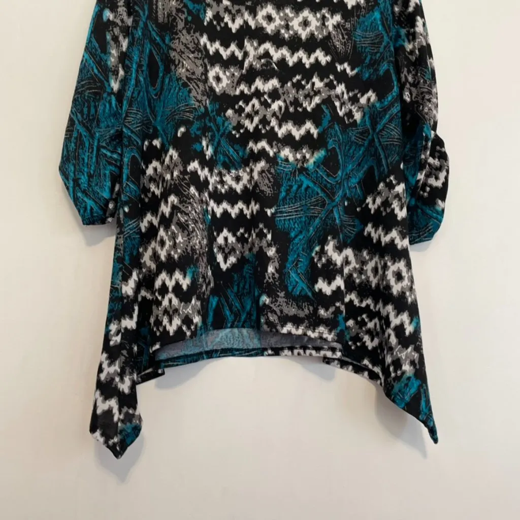 NOTATIONS Plus Size Black White Teal Blue Ikat Geometric Boho 3/4 Sleeve Tunic - Image 15
