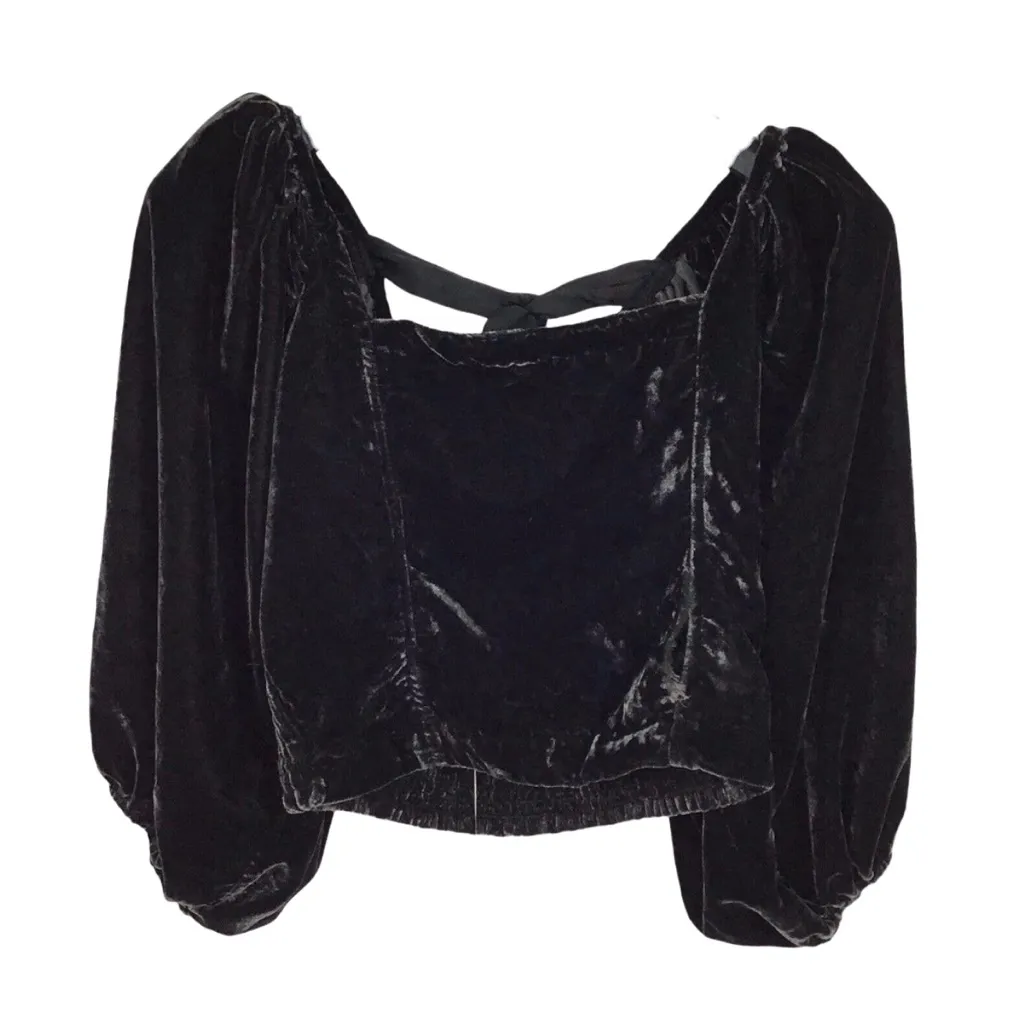 Free People Maria Black Velvet Puff Sleeve Tie Back Crop Top Size XS - Image 7