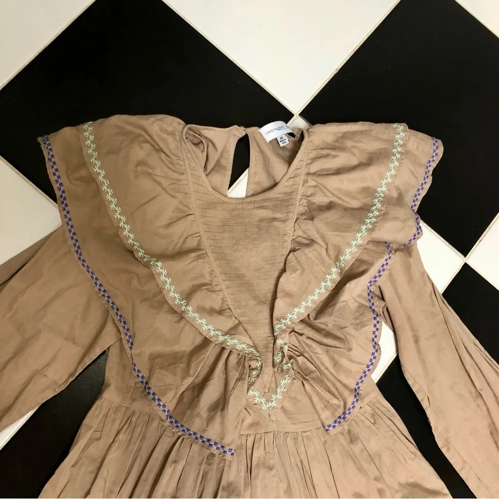 Something Navy Jolie Long Sleeve Ruffle Mini Dress Tiered Embroidered Tan Purple - Image 4