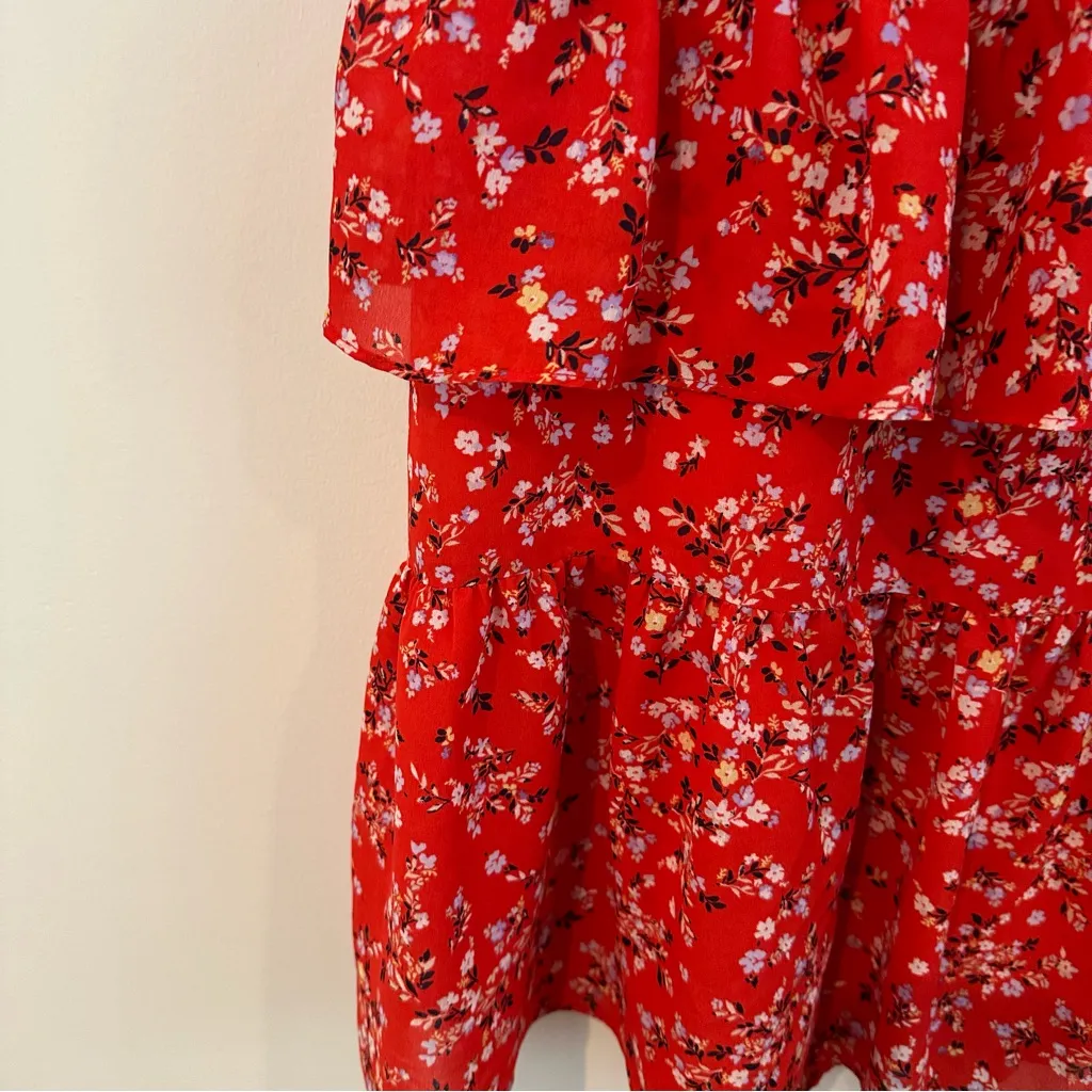 Ann Taylor Floral Red Tiered Skirt Midi Length Size Medium Women's - Image 5