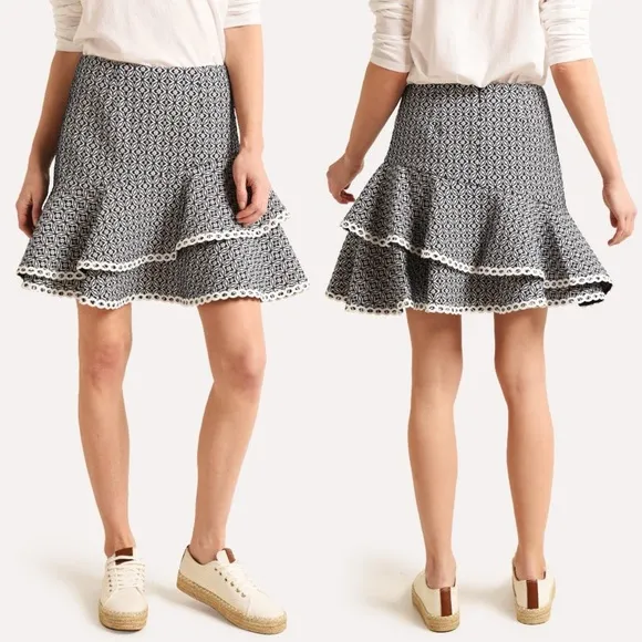 ML Monique Lhuillier Jacquard Ruffle Skirt, Navy Multi Size 0 New w/Tag $395 - Image 2