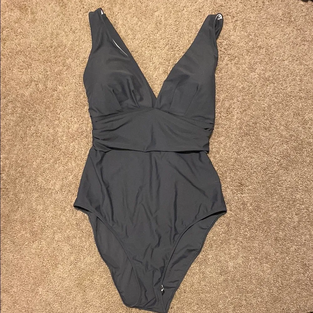 Grey Plunge Tummy Control One Piece Swimsuit Size XL - Image 3