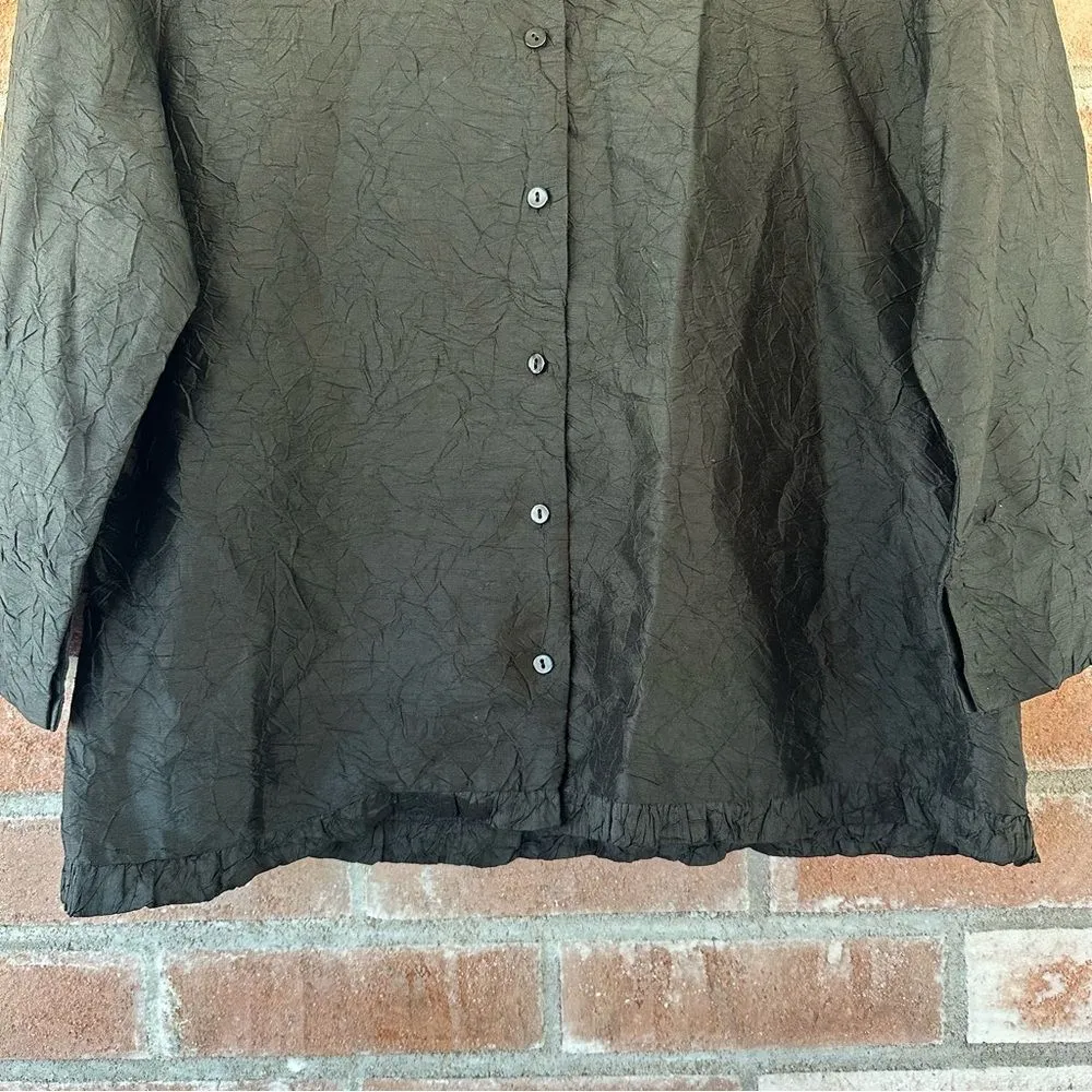 Eileen Fisher Black Button Up Crinkle Textured Style Blouse Silk Women’s XS - Image 3