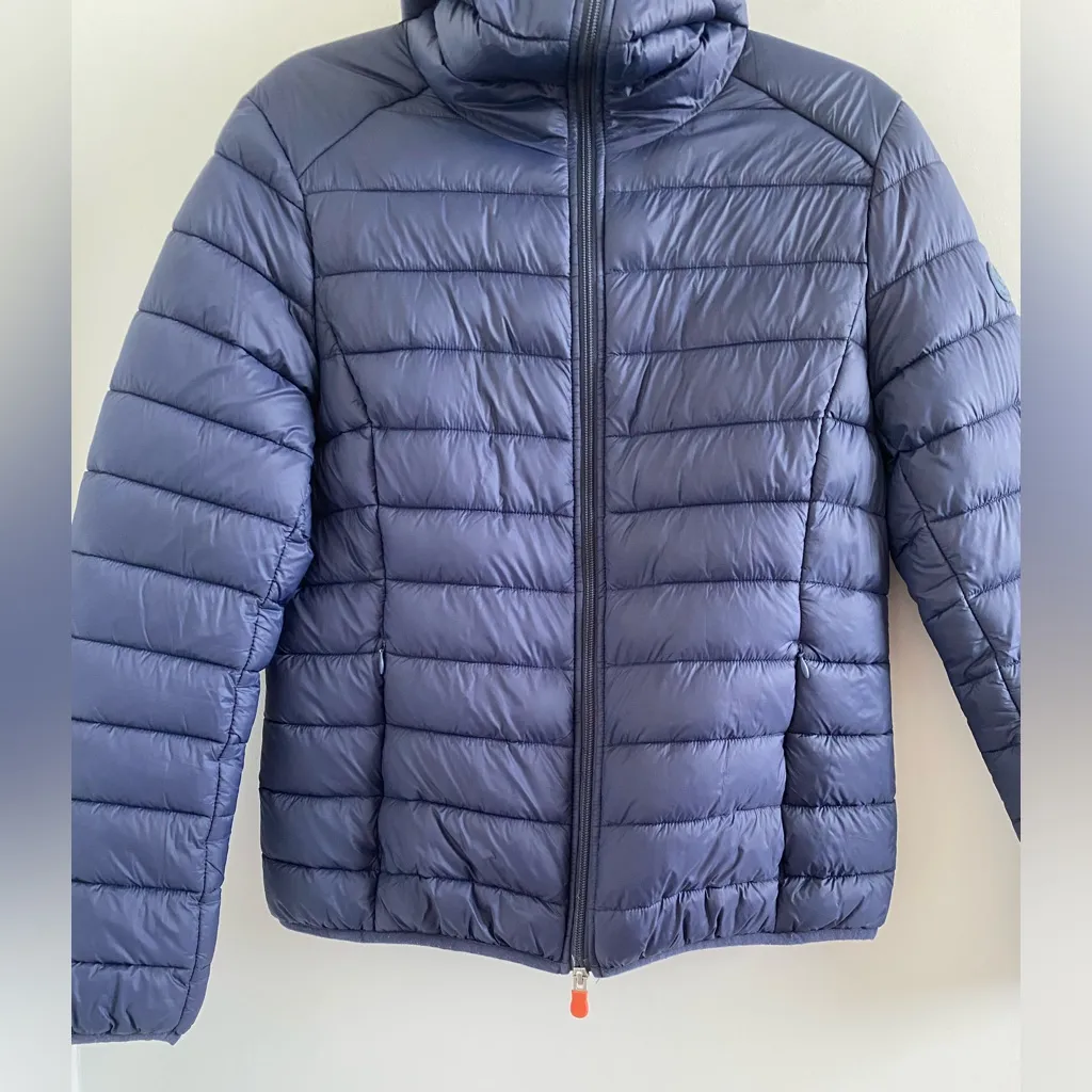 SAVE THE DUCK Navy Daisy Packable Puffer Hoodie Ultra Light Jacket Size Large Blue - Image 3
