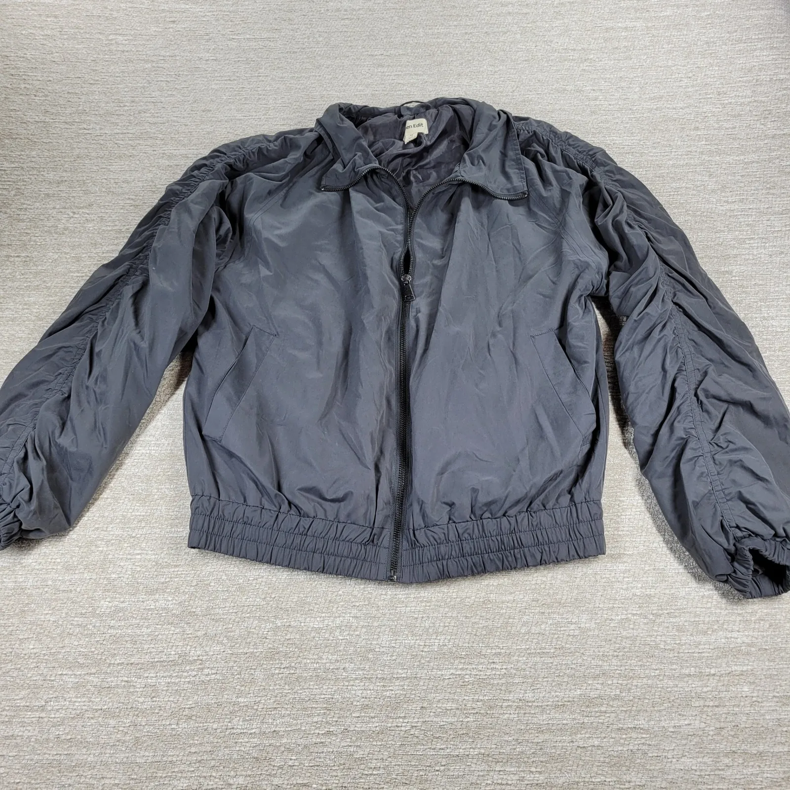 Open Edit Grey Ruched Sleeve Bomber Jacket Full Zip Collared Casual Womens XS - Image 7