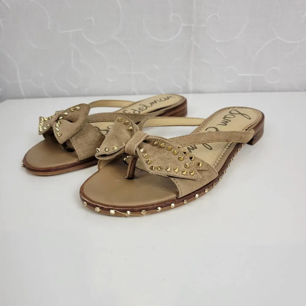 Sam Edelman Womens Sandals Size 6 Tan Dariel Bow Suede Studded Slip On Flats - Image 6