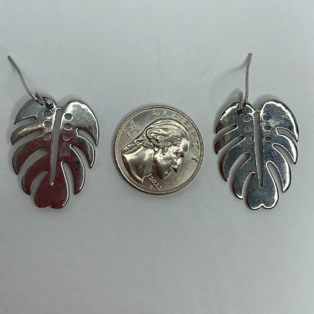 Handmade Monstera Silver Leaf Hooked Pierced Earrings - Image 6