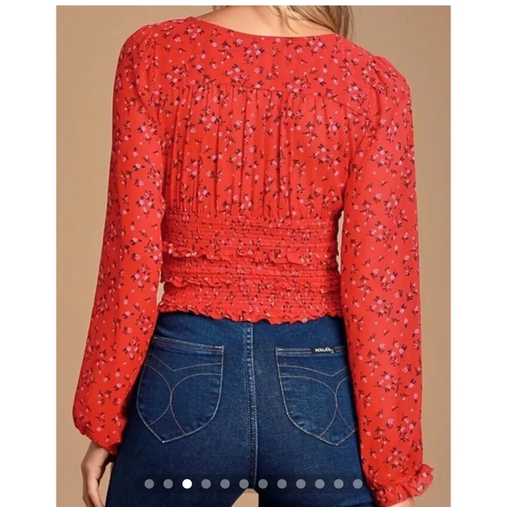 Free People Lola Red Floral Ruffle Boho Crop Top Long Sleeve Blouse Size L - Image 3