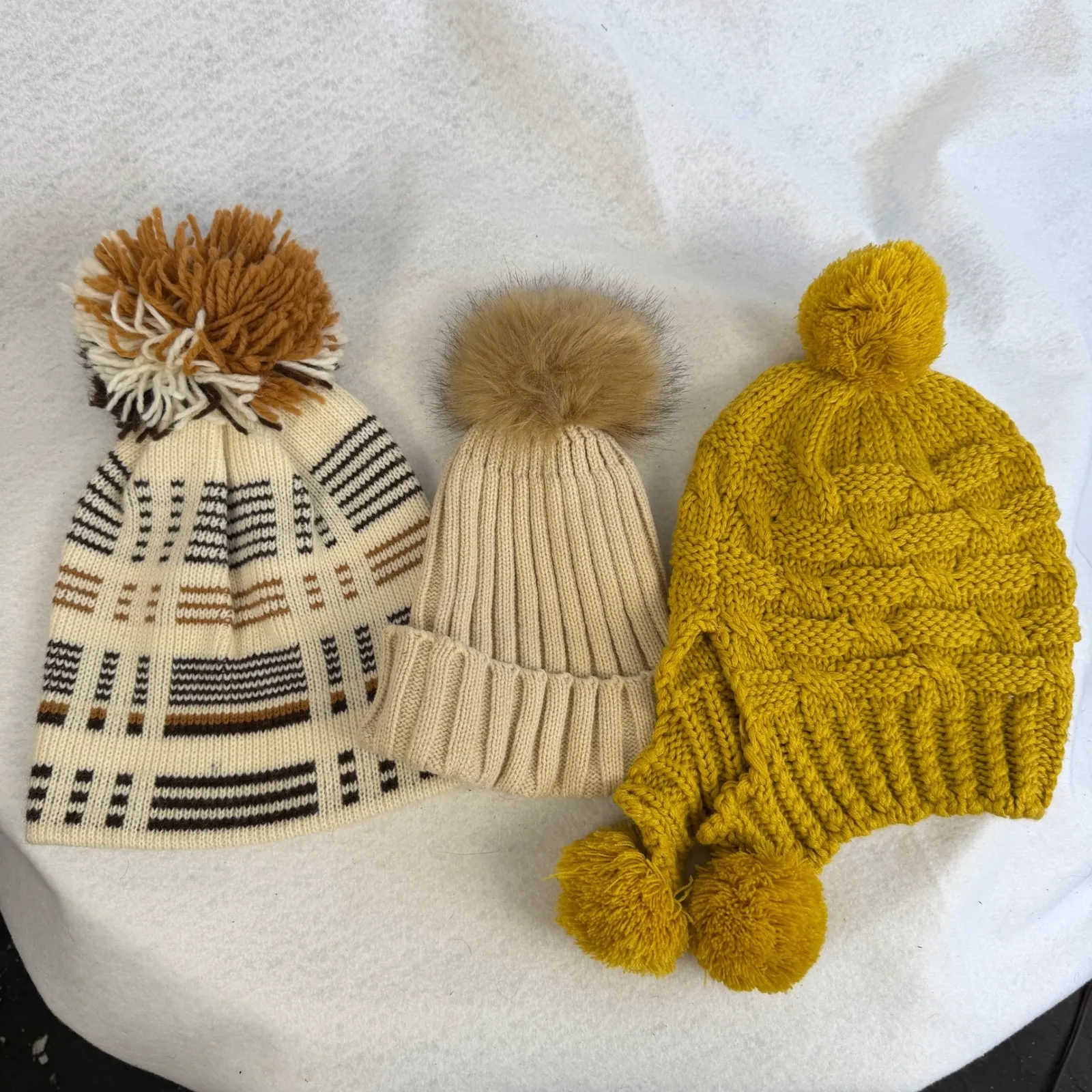 Bundle Womens Knit Beanies Pom Pom Flower Earflap Cozy Winter Hats Lot of 3 Brown - Image 3