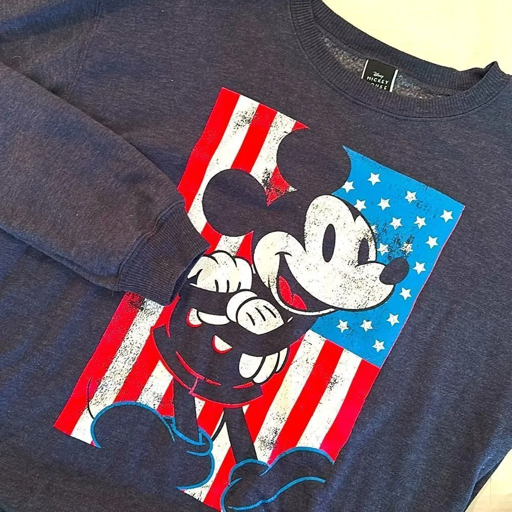 Disney Mickey Mouse American Flag Sweatshirt Women's‎ Medium Navy Cotton Blend - Image 2