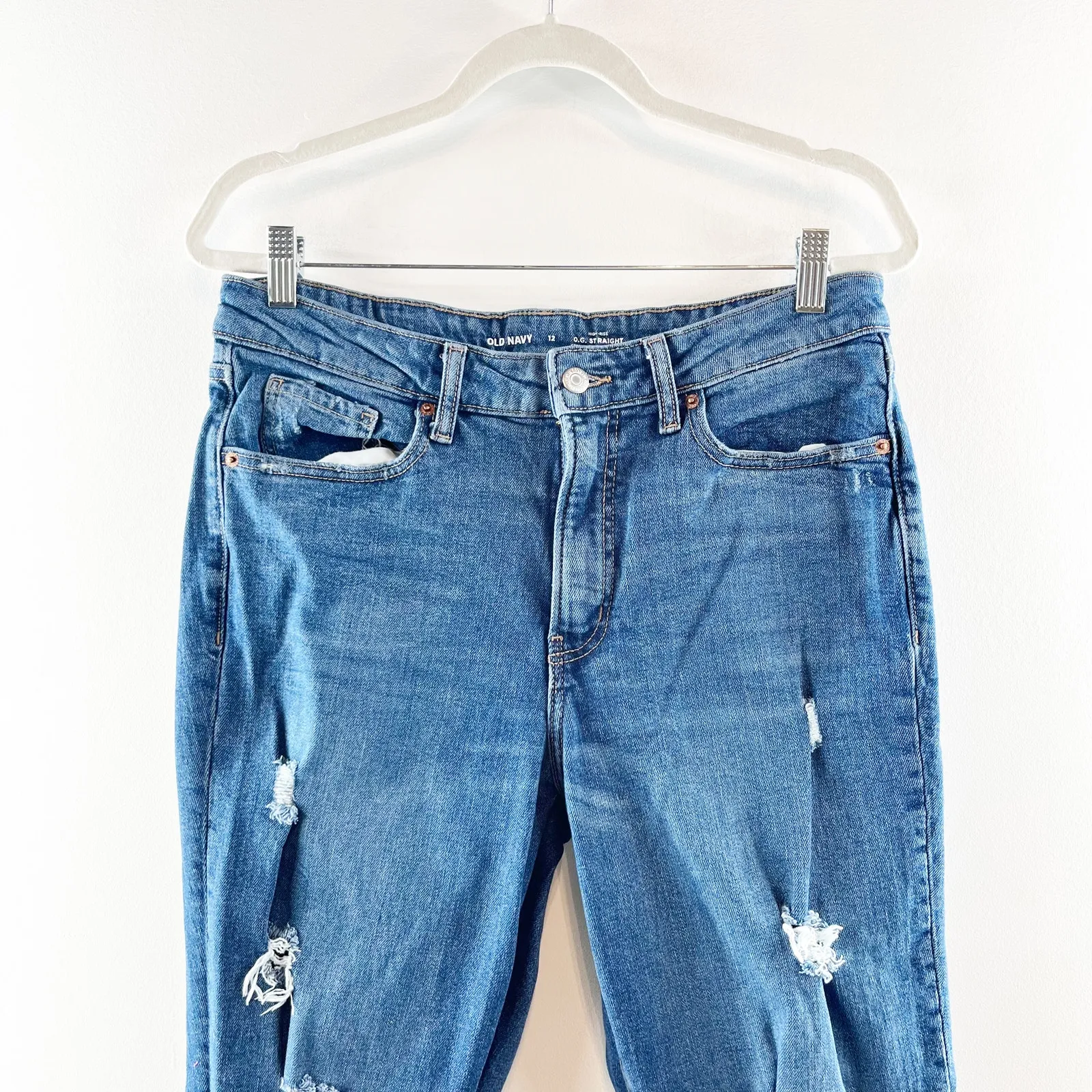 Old Navy High Rise The O.G. Straight Leg Distressed Raw Hem Jeans Blue 12 - Image 6