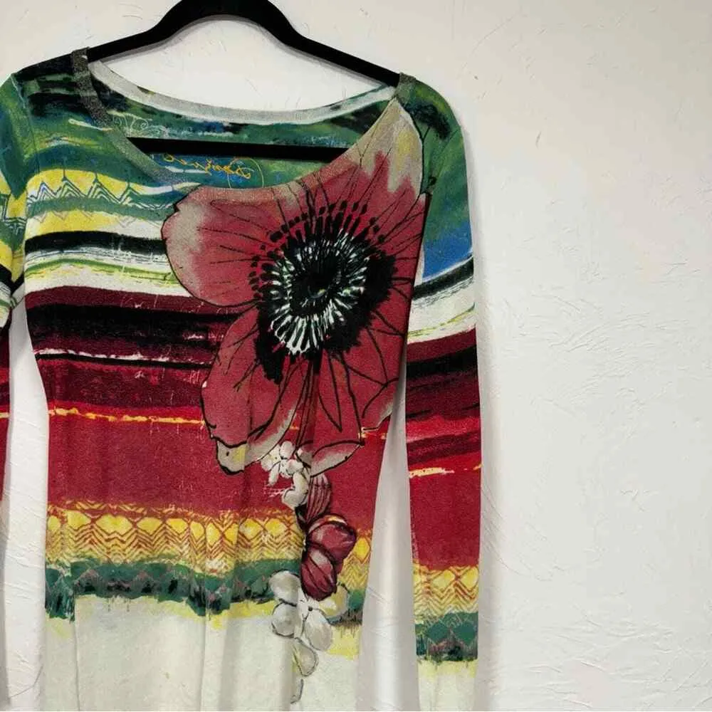 Desigual White Multi Color Floral Print Scoop Neck Sheer Lightweight Sweater XXL - Image 3