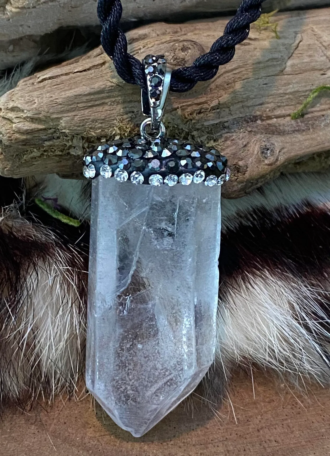 Clear Quartz stone encrusted pendant on silk cord White - Image 6